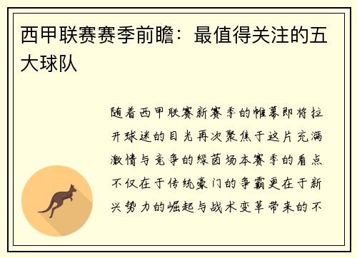 西甲联赛赛季前瞻：最值得关注的五大球队
