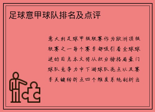 足球意甲球队排名及点评