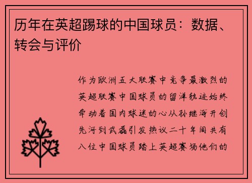历年在英超踢球的中国球员：数据、转会与评价